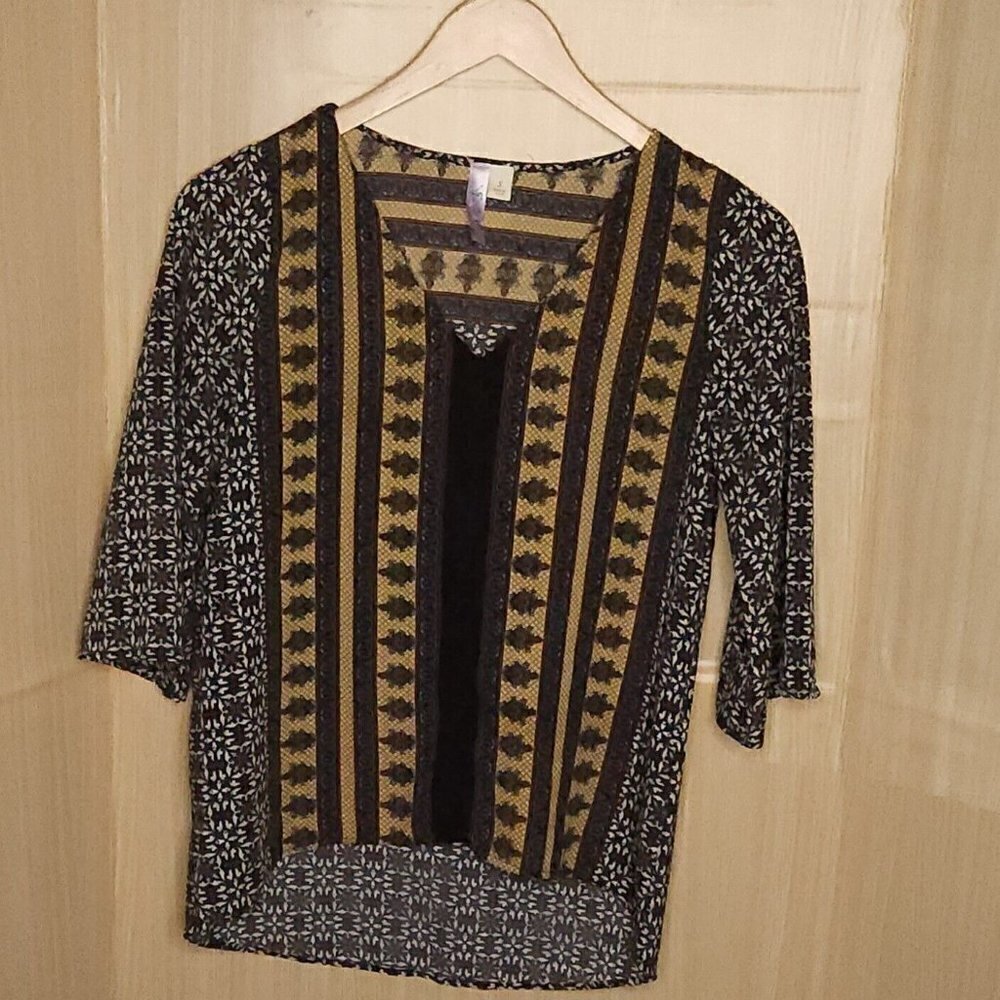 Alya Womens Black Gold Navy Silky High Low Top Small